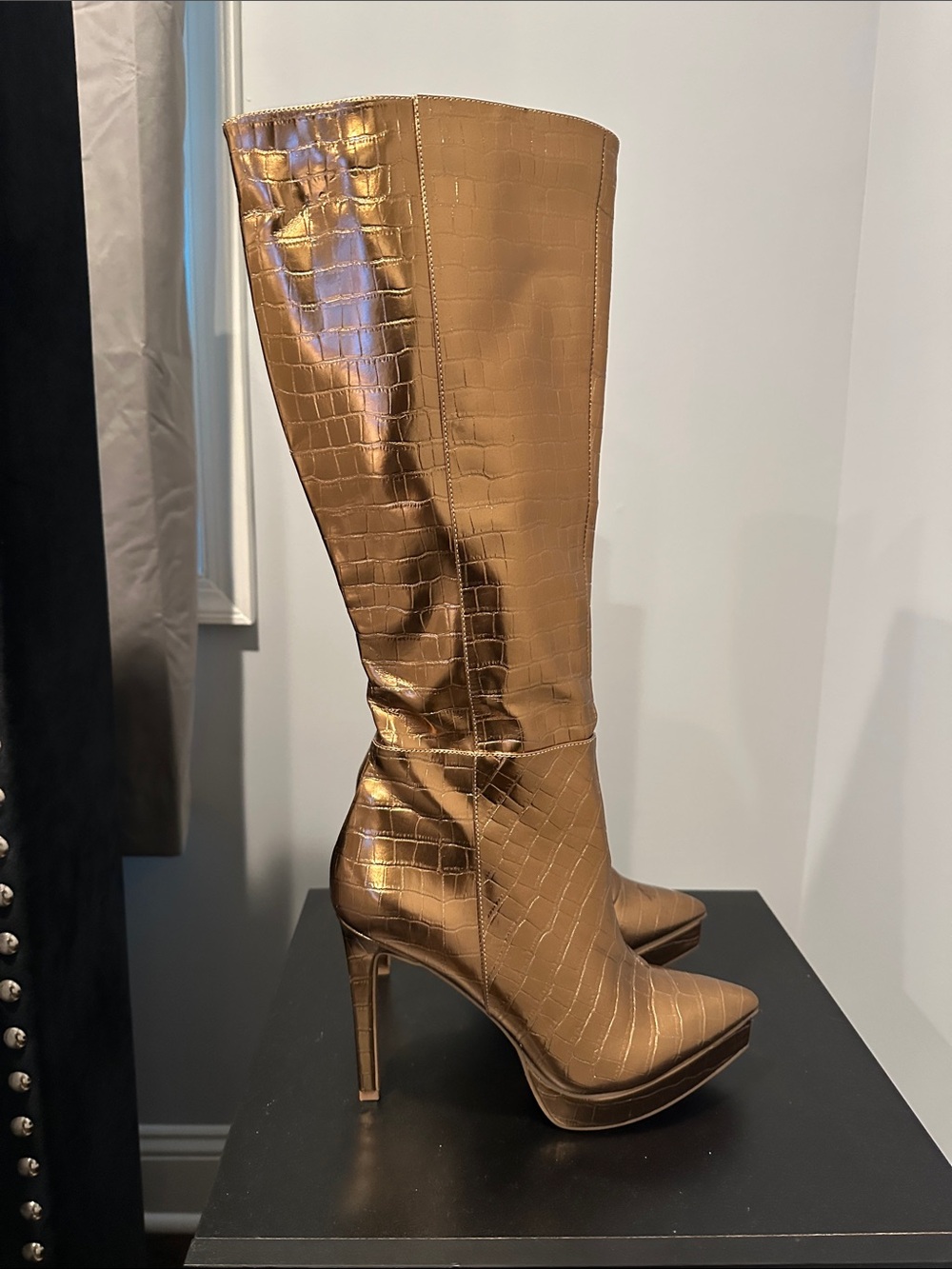 Thalia Sodi Metallic Gold Croc Embossed Over-the-Knee Stiletto Boots BRONZE